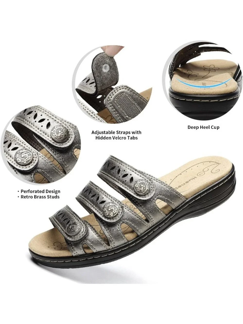 Women's Comfort Leather Slides Flat Sandals Pewter Slip On Walking Slippers - Picture 4 of 6